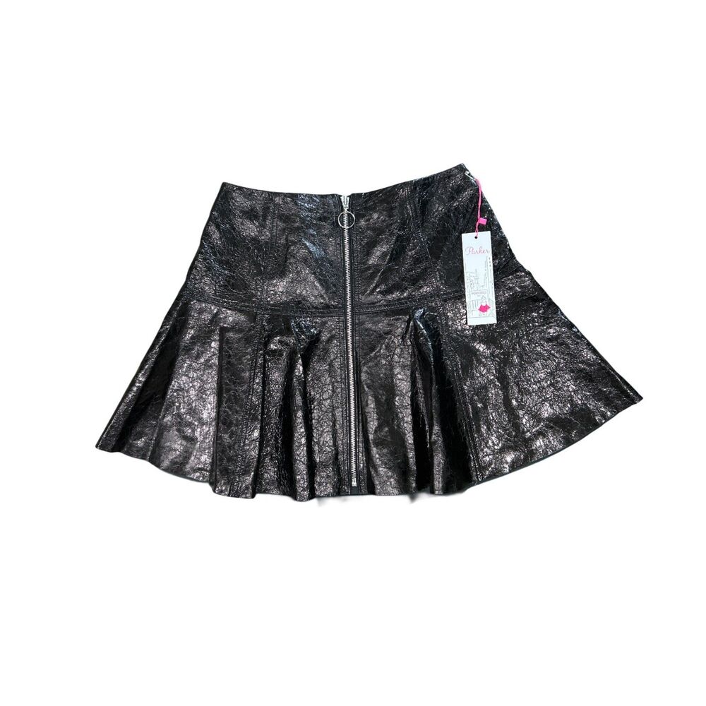 NWT Parker NY Tia Crinkled Glazed Leather O-Ring Zip Mini Skirt Black Small